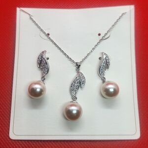 Stainless Steel Faux Pearl Necklace and Earrings